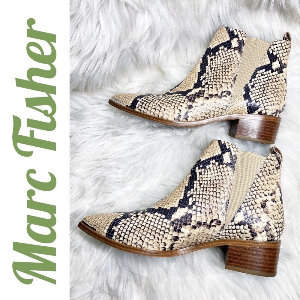 MARC FISHER YALE CHELSEA ANKLE BOOTIES NEUTRAL SNAKE PRINT‎ LEATHER, SIZE 8.5